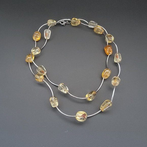 Natural Citrine Nugget Necklace 925 Sterling Silver Scalloped Wire Strand - Picture 3 of 8